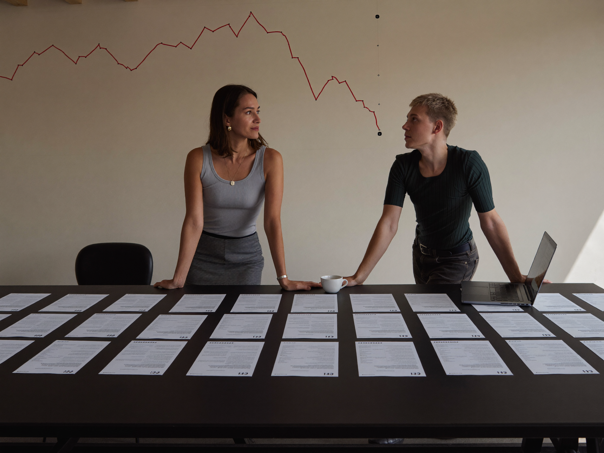 Two MarketPR strategists reviewing printed press releases at the newsroom table.